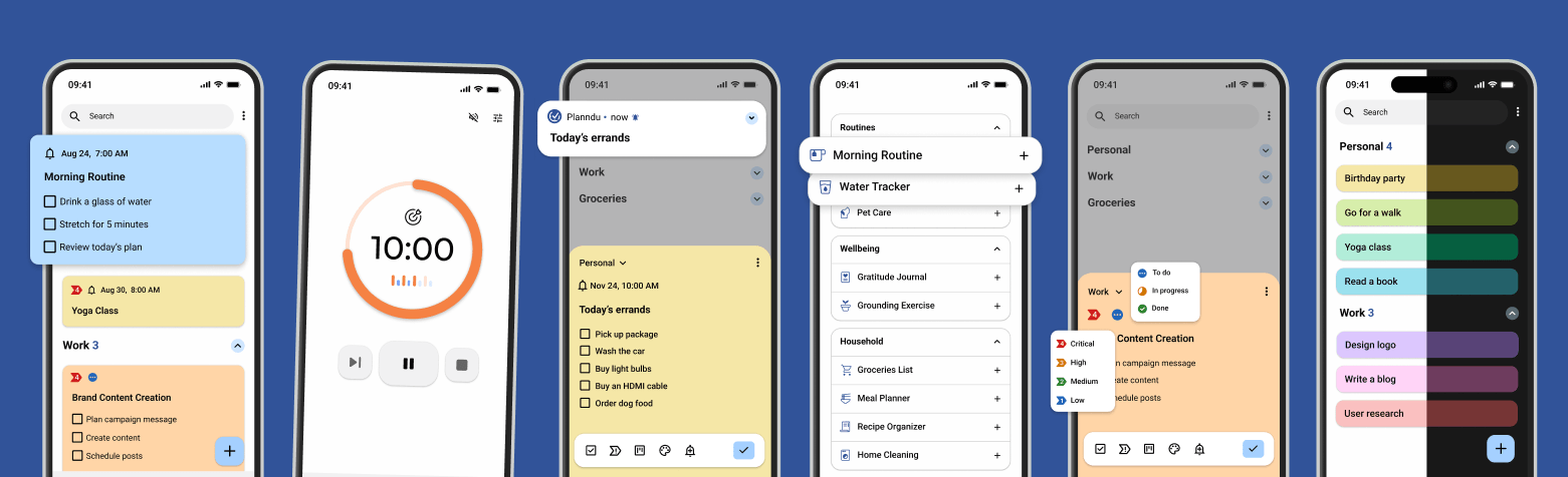 Planndu screenshots of tasks,reminders, pomodoro, templates
