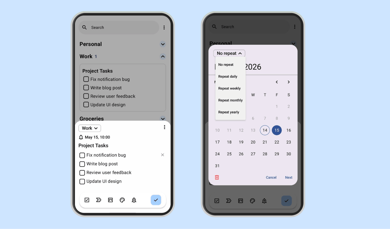 Planndu app screenshot of adding a reminder and repeat schedule