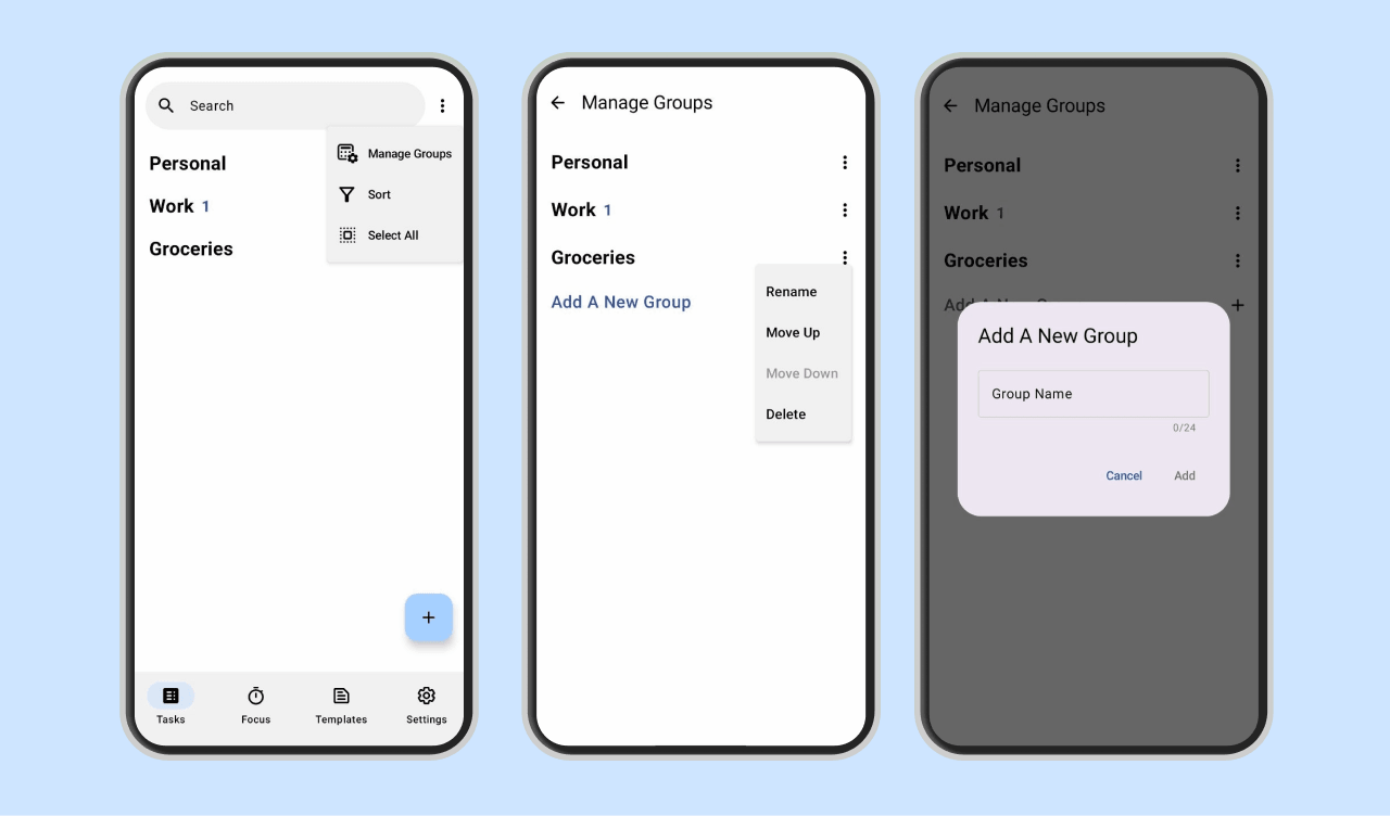 Planndu app screenshot of managing task groups