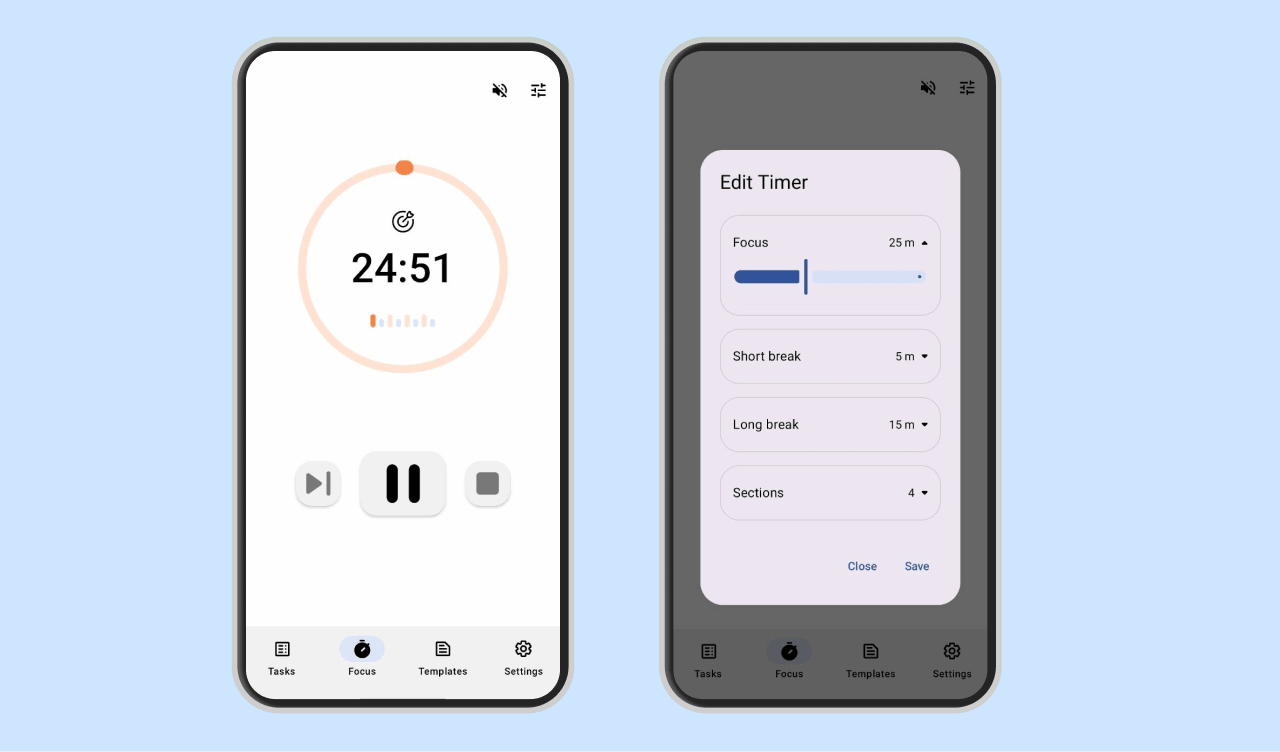 Planndu app screenshot of pomodoro focus timer
