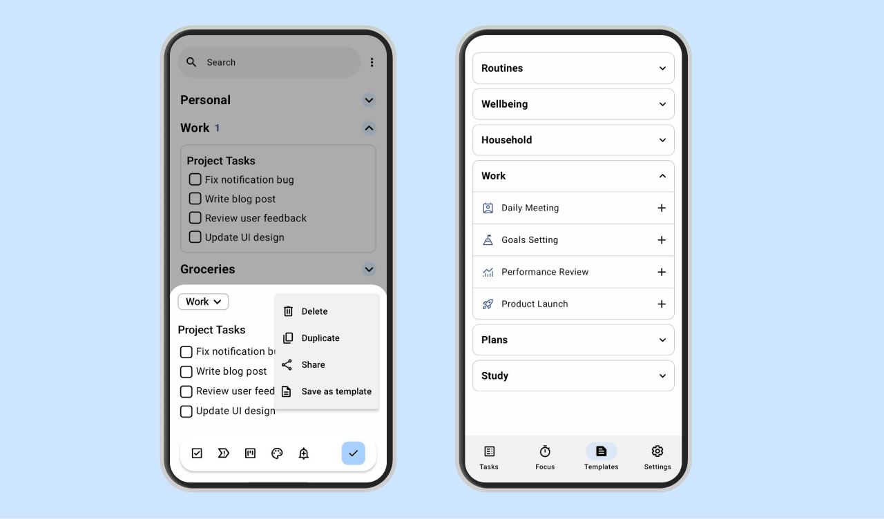 Planndu app screenshot of templates