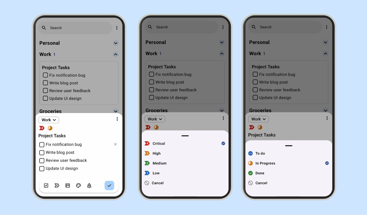 Planndu app screenshot of status and priority