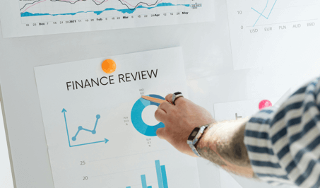 A printed financial review report featuring several charts and graphs