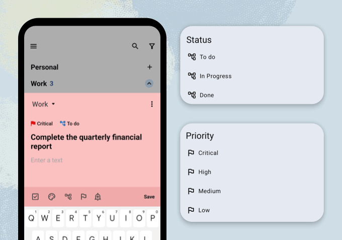 Planndu screenshots of status and priority