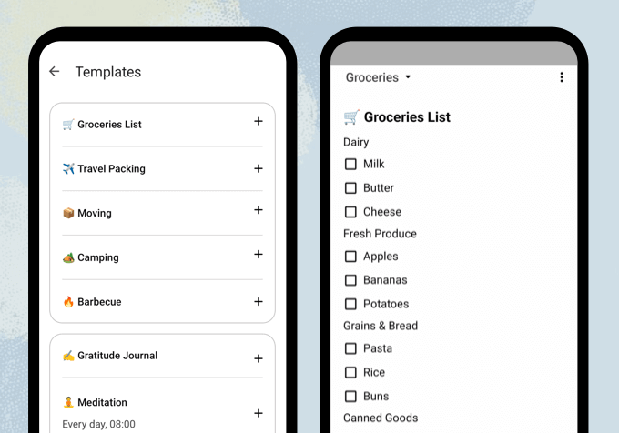 Planndu screenshots of templates