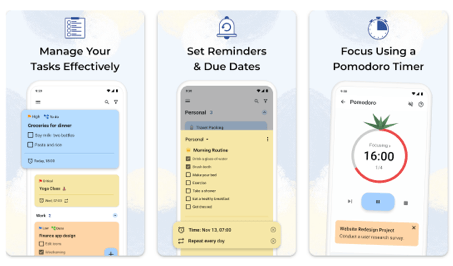 Planndu screenshots of tasks, reminder and focus timer
