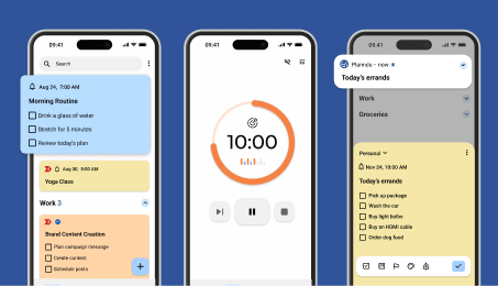 Planndu screenshots of tasks, pomodoro timer and reminder
