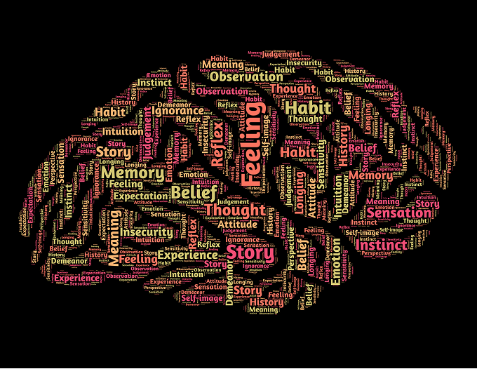 A word cloud shaped like a human brain in profile