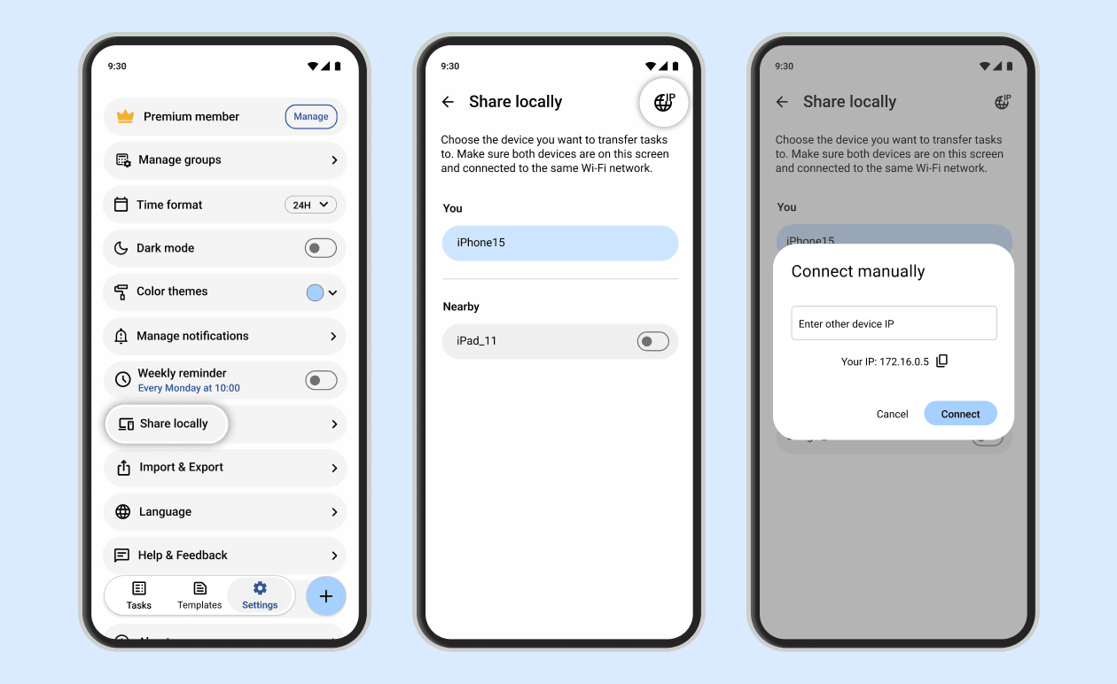 Planndu screenshots of the Settings and Share Locally screens