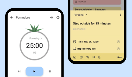 Planndu app screenshot of focus timer and reminder